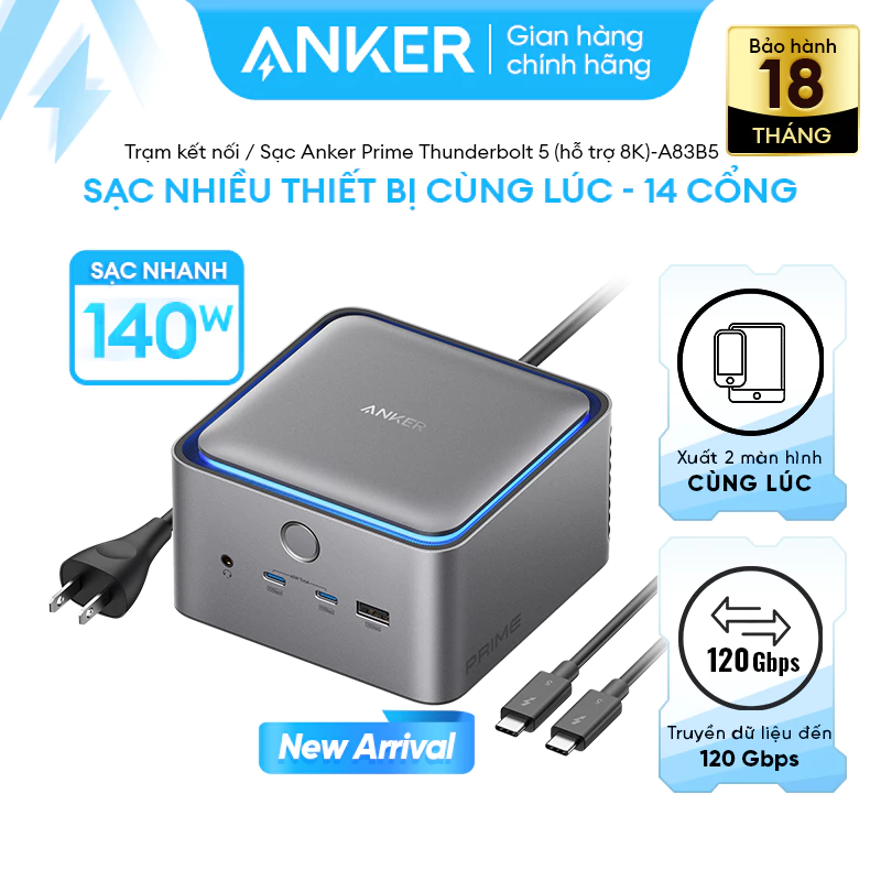 Bộ chia cổng Anker Prime Thunderbolt 5 14-in-1 A83B5 – Dock mở rộng cao cấp hỗ trợ màn hình 8K, sạc nhanh PD 140W, tương thích MacBook và Laptop